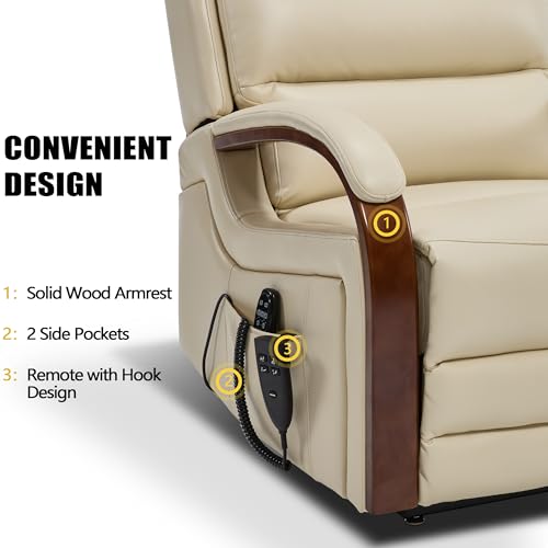 EZZUP Power Lift Recliner Chair for Elderly, Dual Motor Lift Chair with Vibration Massage and Lumbar Heat, Lay Flat Recliner with Solid Wood Armrest, Standing Assistance Reclining, Faux Leather Beige