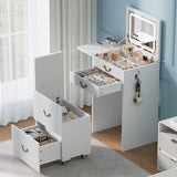 FURSUN 3-in-1 Vanity with Flip Mirror & Lights, Fluted Compact Vanity Table with 3 Drawers, Storage Compartment and Rolling Stool, Modern Small Makeup Vanity for Bedroom, Powder Room, Solid White FURSUN