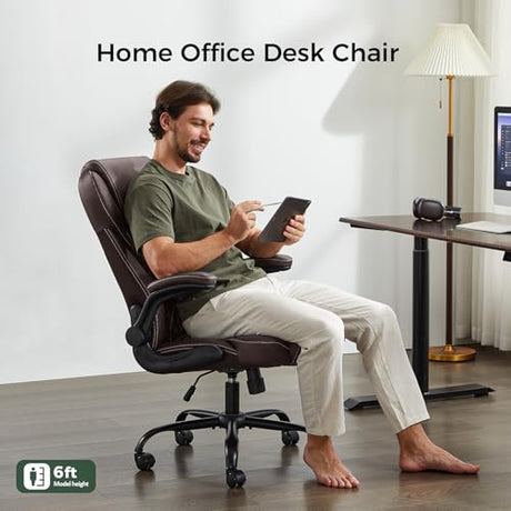 amseatec Office Chair, Executive PU Leather Chair, Ergonomic Computer Desk Chair with Lumbar Support and Adjustable Flip-Up Arms, Rocking Task Chair (Brow amseatec