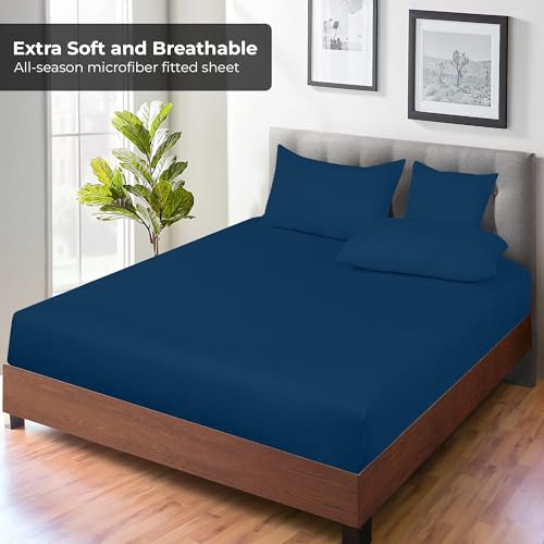 Royale Linens Fitted Sheet Queen - Ultra Soft 1800 Brushed Microfiber - Hotel Luxury Bottom Sheets - Wrinkle Free & Fade Resistant - Deep Pocket Fitted Sheet Only (Queen, Navy) ROYALE LINENS