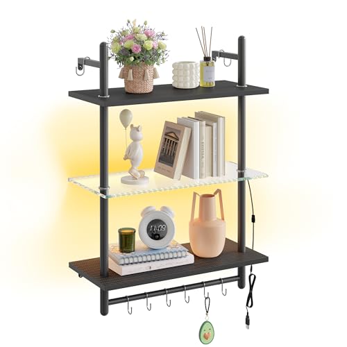 Bestier Gaming Floating Shelves, 24 inch LED Wall Mounted Shelves with Towel Bar, Coffee Bar Shelves with Glass Shelf & 8 Hooks, 3 Tier Hanging Display Rack for Wall Decor, Black Carbon Fiber