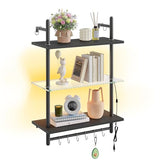Bestier Gaming Floating Shelves, 24 inch LED Wall Mounted Shelves with Towel Bar, Coffee Bar Shelves with Glass Shelf & 8 Hooks, 3 Tier Hanging Display Rack for Wall Decor, Black Carbon Fiber Bestier
