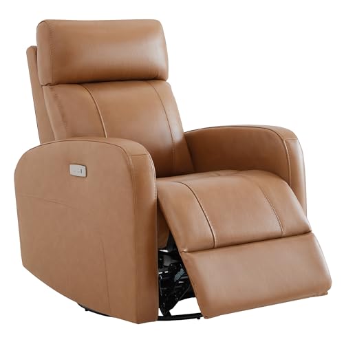 CHITA Genuine Leather Power Recliner Chair for Adults, FSC Certified Electric Nursery Swivel Glider for Living Room, Camel Brown