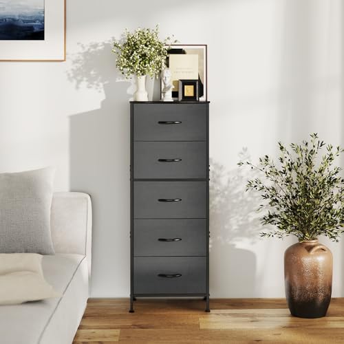 Sweetcrispy 5 Drawer Dresser with Fabric Bins, Sturdy Steel Frame and Wood Top, Storage Organizer Chest for Bedroom, Closet, Hallway, Gray Sweetcrispy
