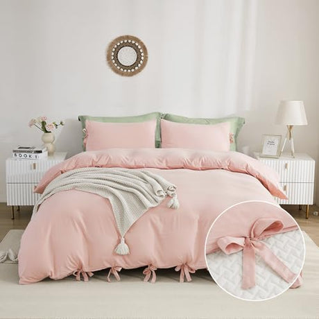 annadaif Pink Duvet Cover Full (79x90 Inch), 3 Pieces (2 Pillowcases, 1 Duvet Cover) Ultra Soft Bowknot Duvet Cover Set, Easy Care Bedding Set for Men, Women (NO Comforter) annadaif