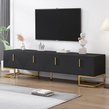 ON-TREND Modern TV Stand with Metal Legs and Gold Handles for TVs Up to 80'', Media Console Table with Cabinets and Adjustable Shelves, Luxury TV Cabinet with Geometric Lines for Living Room, Black Harper & Bright Designs