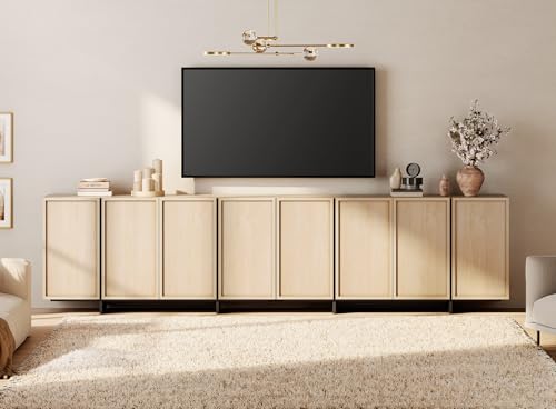 WAMPAT Multifunctional TV Stand for 32-110 Inch TVs, Modern TV Console Entertainment Center with T-Shaped Legs, Media Console Table for Living Room, Bedroom, Light Oak WAMPAT