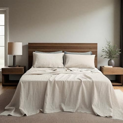 QKTE 100% Natural Linen Sheets Set 4 Piece - Washed Linen Bedding Set with 16" Deep Pocket Fitted Sheet, Flat Sheet & 2 Pillowcases, Breathable Durable for All Seasons (Linen, Queen) QKTE