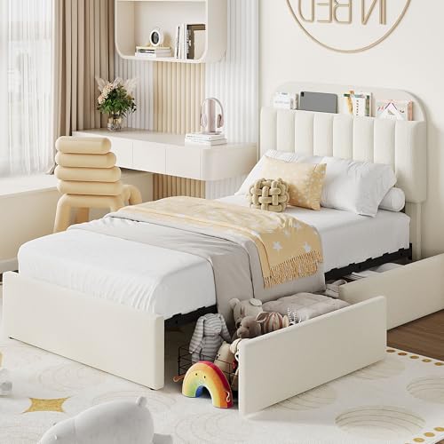 IDEALHOUSE Twin Bed Frame for Kids, Boucle Upholstered Platform Bed for Boys/Girls with 2 Flexible Drawers, Bookcase Headboard, Noise-Free, Easy Assembly, No Box Spring Needed, Beige IDEALHOUSE