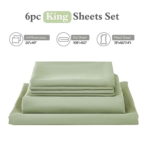 ILAVANDE Sage King Size Sheets Set 6 Piece,Super Soft 1800 Series Microfiber Bed Sheets King Set-Wrinkle & Fade Resistant-14“ Deep Pockets Sheets for King Size Bed(King,Sage Green) ILAVANDE
