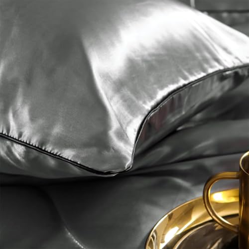 Holawakaka Luxurious Solid Satin Silk Like Comforter Set Ultra Soft Silky Quilt Breathable Bedding Bed-in-A-Bag King Size (Grey) Holawakaka