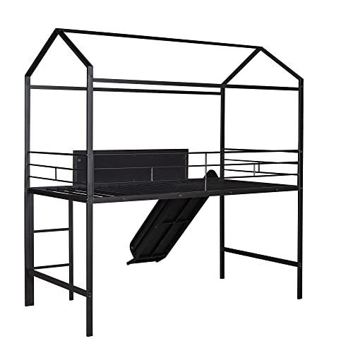 Bellemave Twin Metal Loft Bed with Fence and Two-Sided writable Chalkboard, Twin Size Metal House Bed with Slide and Ladder,for Bedroom Dorm,for Kids, Boys, Girls, Teens (Black) Bellemave