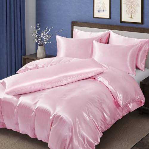 MILVOWOC 6 Pcs Blush Pink Satin Duvet Cover Full/Queen Size Set, Silky Bed Duvet Cover Ultra Soft Comforter Cover, 1 Satin Duvet Cover, 1 Body Pillowcase, 4 Pillow Cases (No Comforter) MILVOWOC