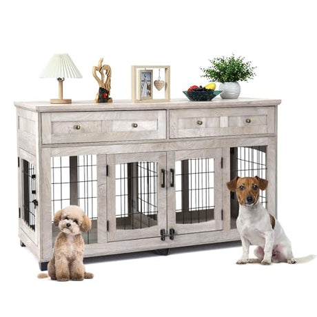 Dog Crate Furniture with 5 Doors, 58" Wooden Dog Kennel End Table with Large Capacity Drawers, Dog House with Openable Divider for Small/Medium/Large Dog,Dog Cage,Side End Table (Rustic Grey) LALFPET