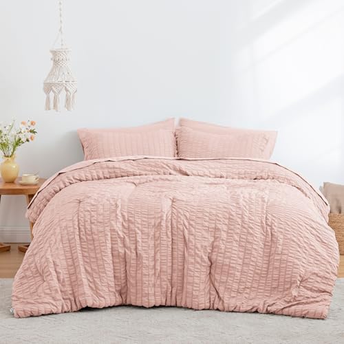 Love's cabin Seersucker Pink Twin Comforter Set, 5-Piece All Season Lightweight Bed in a Bag Bedding Set with Comforter, Flat Sheet, Fitted Sheet, Pillowcase and Sham Love's cabin