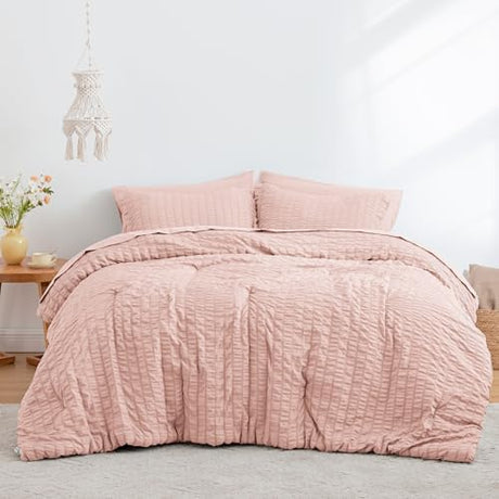 Love's cabin Seersucker Pink Twin Comforter Set, 5-Piece All Season Lightweight Bed in a Bag Bedding Set with Comforter, Flat Sheet, Fitted Sheet, Pillowcase and Sham Love's cabin