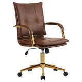 MOJAY Mid-Back Ergonomic Leather Office Desk Chair, Modern Upholstered Computer Chair, Executive Office Chair with Arms, Swivel Adjustable Rolling Chair with Gold Base (Brown) MOJAY