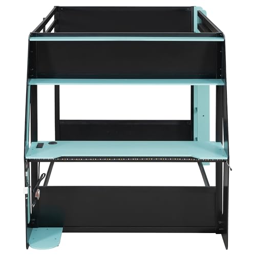 RuiSiSi Full Size Wood Gaming Bunk Bed with Desk and Charging Station for Boys, Multi-Storage Wooden Bunk Bed with RGB Lighting for Kids Teens Adults, Cloud Blue RuiSiSi