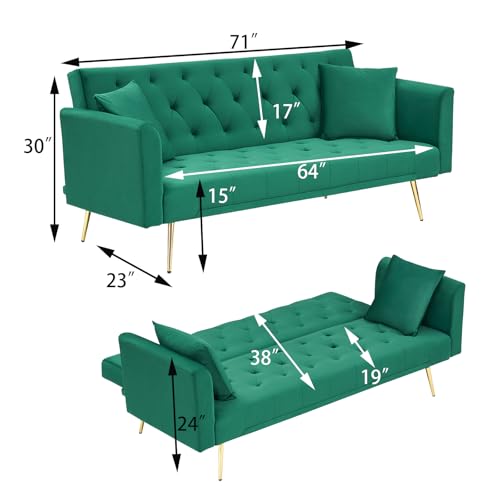 71" Modern Velvet Sofa Bed Futon, Convertible Sleeper Couch with Adjustable Backrest, Tufted Recliner Loveseat with Golden Chrome Legs & 2 Pillows for Small Spaces, Living Room, Apartment (Green) Generic