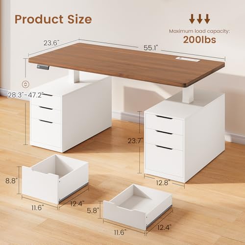 SEDETA Electric Standing Desk with 6 Drawers, 55" Adjustable Stand up Desk with Storage, Computer Desks with Power Outlets for Home Office, White SEDETA