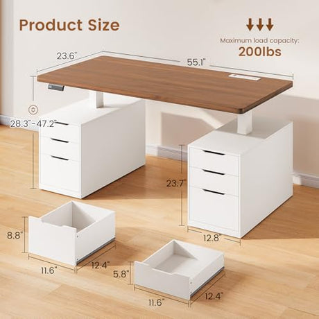 SEDETA Electric Standing Desk with 6 Drawers, 55" Adjustable Stand up Desk with Storage, Computer Desks with Power Outlets for Home Office, White SEDETA