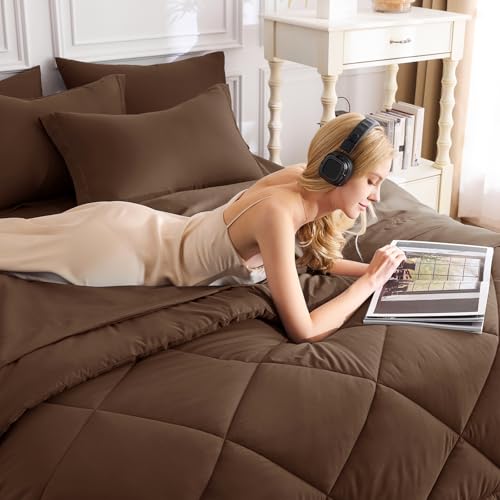 CozyLux Full Size Comforter Sets Brown - 7 Pieces Bed in a Bag Full, Luxury Soft Bed Set for All Seasons, Bedding Set with Down Alternative Comforter, Sheets, Pillowcases & Shams
