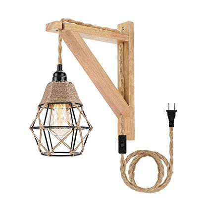 Frideko Wall Lamp with Plug in Cord - Plug in Wall Sconces, Farmhouse Hanging Lamps That Plug into Wall Outlet, Rustic Wall Mount Lamp with Wood Shelf Bracket & Switch Cord for Living Room, B - WoodArtSupply