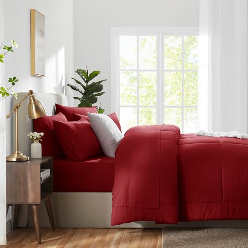 CozyLux Queen Comforter Set Dark Red, 7 Pieces Bed in a Bag, Red Comforters Queen Size, All Season Bedding Sets with Stitch Quilted Comforter, Flat Sheet, Fitted Sheet, Pillowcases CozyLux