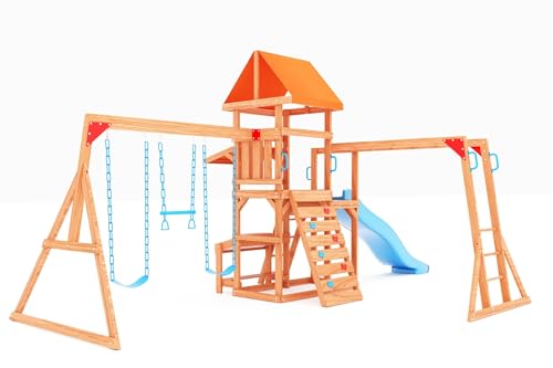 Dolphin Playground Swing Sets for Backyard with Monkey bar, Wooden Playground Sets for Backyards with 8FT Wave Slide, Multi-Functional Shelf, 2 Belt Swings, Outdoor Playset for Kids 3-10