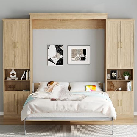 Rophefx Murphy Bed Queen with 2 Side Cabinet Storage Shelves, Queen Wall Bed Cabinet with USB Port, Wood Foldable Platform Bed Frame, Space Saving Beds, Hidden Bed for Guest Room, Natural Wood Color Rophefx