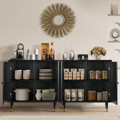 Black Buffet Sideboard Cabinet, Rattan Sideboard with Natural Rattan Doors, Black Rattan Console Table with Storage, Modern Accent Buffet Cabinet with Adjustable Shelves for Living Dining Room