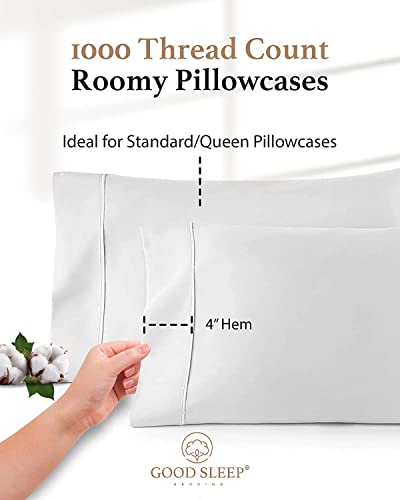 1000 TC White Standard Pillowcases Set of 4 100% Egyptian Cotton Pillow Cases with Long Staple Cotton & Sateen Weave, Silky Soft Hotel - Like Bed Pillow Covers for Comfy Sleeping, Snug Fit Good Sleep Bedding