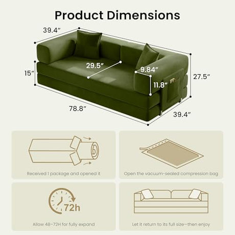 CUBENTE 78.8" Convertible Sofa Bed,Corduroy Futon Couch with Storage Pocket,Folding Pull Out Futon Sofa,No Assembly Boneless Couch for Living Room,Green CUBENTE