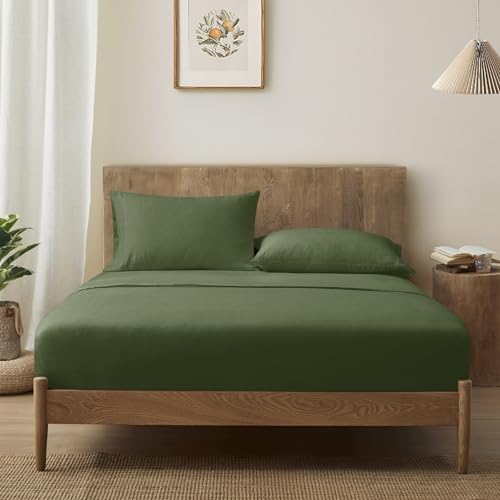 ATLINIA 100% Linen Fitted Sheet Mattress Cover - 1 Piece Stone Washed 15 Inch Deep Pocket Made from French Pure Flax Breathable Farmhouse Bedding(Green,King) ATLINIA