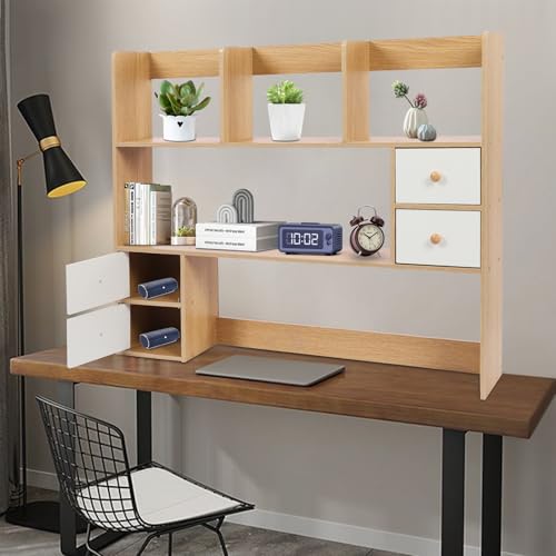 Wood Desk Hutch Organizer, Desktop Hutch with 8 Shelves & 4 Drawers, Vanity Desk with Hutch Top Only, Extendable Small Desk Shelf for Top of Desk, Desktop Bookcase Bookshelf for Home Office Generic