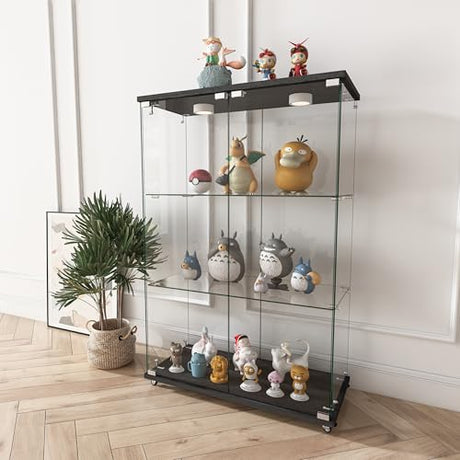 WHLIHUSU Glass Display Cabinet with LED Lights - Curio Cabinet with Glass Doors for Collectibles, Quick Assembly, Tempered Bookshelf, for Living Room and Bedrooms, 2-Door 3-Shelfs, White WHLIHUSU