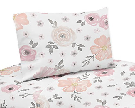 Sweet Jojo Designs 3-Piece Twin Sheets Set (Pink/Grey Boho Floral) for Girls, Kids, Children, Teenager Bedding incl. Single Size Bed Flat Fitted Sheet & Pillow Case (Watercolor, Flower, Elegant Rose) Sweet Jojo Designs