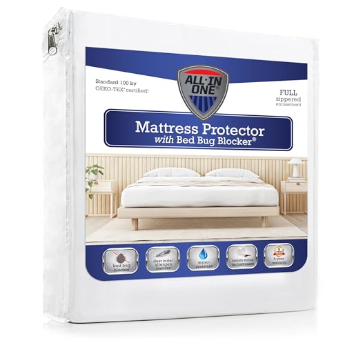All-in-One Mattress Protector, Zippered Encasement, Water & Stain Resistant, Triple Seal Protection, Full, White Bed Bug Blocker