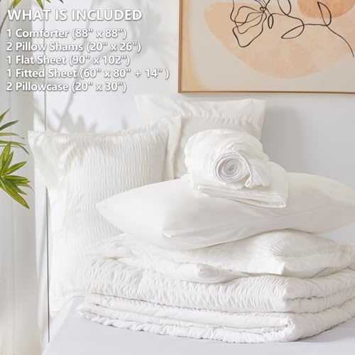 CozyLux Queen Comforter Set White Seersucker 7 Pieces Bed in a Bag Queen Comforter Set with Sheets, Luxury Soft Bedding Set with Down Alternative Comforter, Sheets, Pillowcases & Shams for All Seasons CozyLux