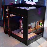 MaiDeHaoo Full Size Gaming Bunk Bed with Desk and Storage Shelves, LED Bunk Bed with Charging Station for Teens Adults, Black MaiDeHaoo