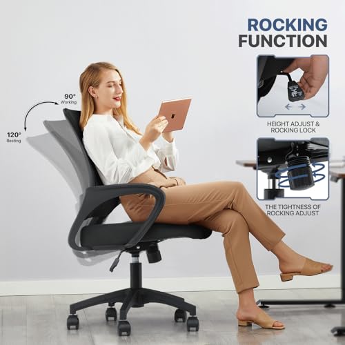 MoNiBloom Mesh Office Chair, Ergonomic Computer Chair for Adults, Rolling Swivel Mid-Back Desk Chair with Lumbar Support, Comfy Armrest for Home Office, Gaming, Black MoNiBloom