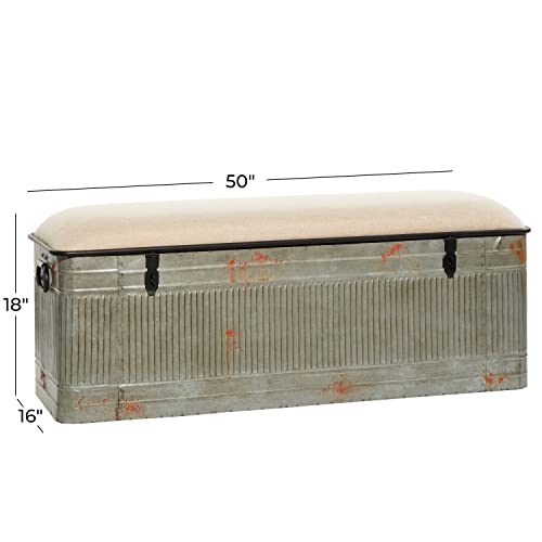 Deco 79 Metal Room Storage Bench Galvanized Entryway Bench with Cream Burlap Top, Bench 50" x 16" x 18", Gray Deco 79