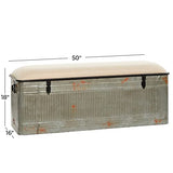 Deco 79 Metal Room Storage Bench Galvanized Entryway Bench with Cream Burlap Top, Bench 50" x 16" x 18", Gray Deco 79