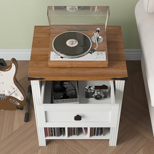 HOSEOKA Record Player Stand with Vinyl Record Storage, Turntable Stand with Charging Station, Wooden Vinyl Record Holder Cabinet Dispaly Shelf with Drawer HOSEOKA