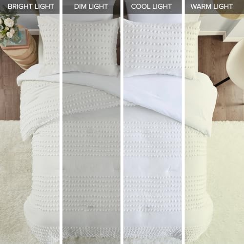 Comfort Spaces Cotton Comforter Set Jacquard Pom-Pom Tufts Design, Down Alternative, All Season Modern Bedding, Matching Shams, Twin/Twin XL, Phillips, Ivory Comfort Spaces