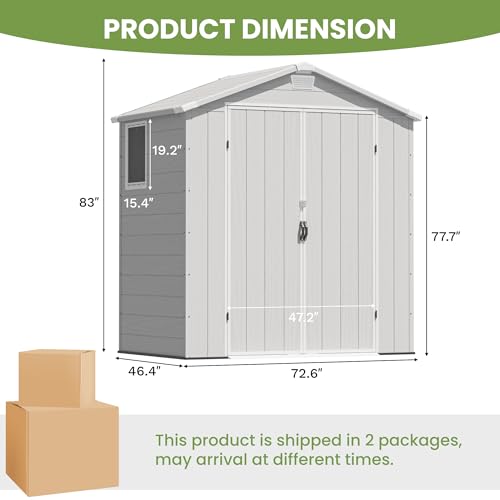 Greesum 6×4FT Plastic Outdoor Storage Shed with Floor, Resin Storaged Sheds with Lockable Double Door, Window & Vents, All-Weather Tool Sheds for Garden, Backyard, Patio, Light Gray Greesum