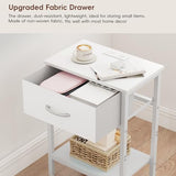 Vagusicc White Nightstand with Charging Station, End Table with Fabric Drawer, Small Side Table with 2-Tier Storage Shelves, 25.4" Tall Bedside Table, White Night Stand for Bedroom, Living Room, Dorm Vagusicc