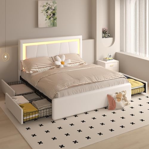 Benevika Full Bed Frame with 4 Storage Drawers and Adjustable Headboard, Upholstered Platform Bed with LED Lights and USB Ports, Solid Wooden Slats Support, Faux Leather, Easy Assembly, Beige Benevika