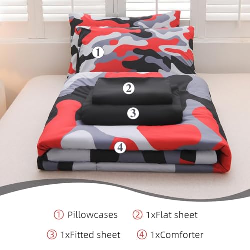 Holawakaka Full Size Camo Bedding Comforter Set with Sheets,Boys Girls Men Camouflage Bed in A Bag 5 Pieces,Kids Teens Dorm Bed Sets Neutral Farmhouse Lodge Cabin Army Bedspread (Red, Full) Holawakaka