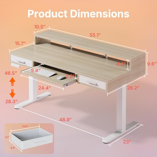 HUANUO 55″ x 26″ Electric Standing Desk with 2 Drawers &24.4″ Large Keyboard Tray, C-Clamp Mount Compatible, Adjustable Computer Desk for Office, Sit Stand Up Desk with 4 Height Presets, Light Walnut HUANUO